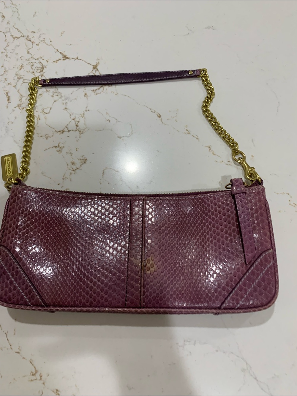 Coach Purple Snakeskin embossed Wristlet with Gold Chain Strap